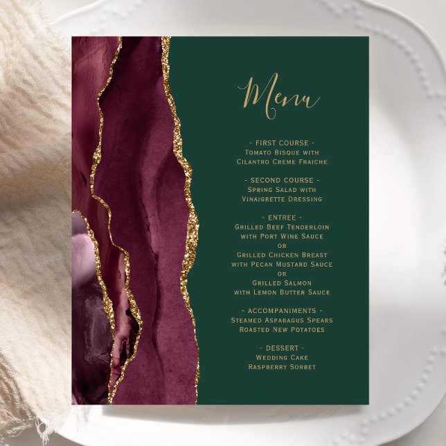 Budget Burgundy Gold Agate Green Wedding Menu (Creator Uploaded)