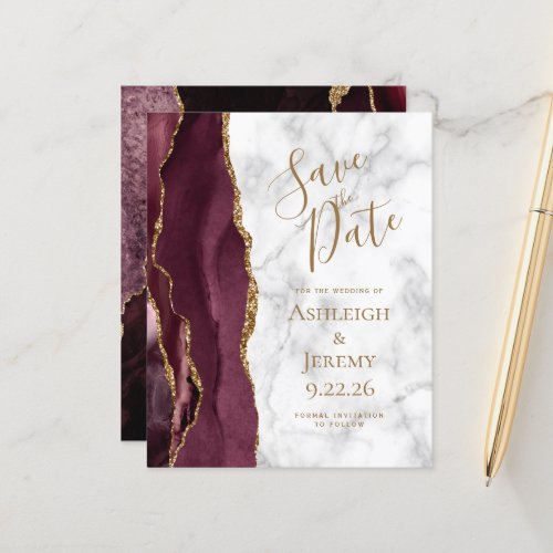 Budget Burgundy Gold Agate Marble Save the Date