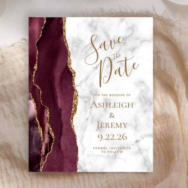 Budget Burgundy Gold Agate Marble Save the Date (Creator Uploaded)