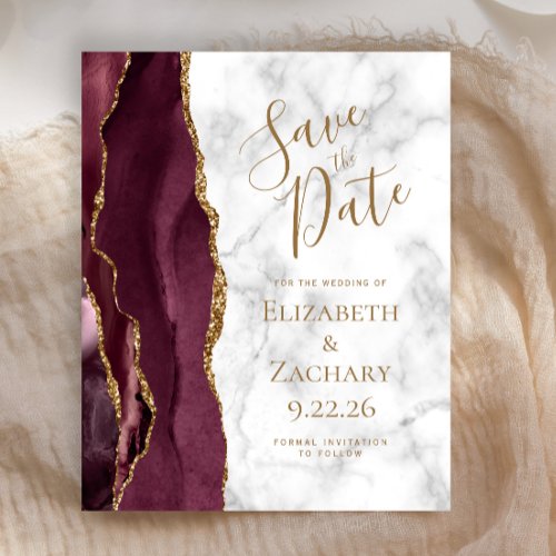 Budget Burgundy Gold Agate Marble Save the Date