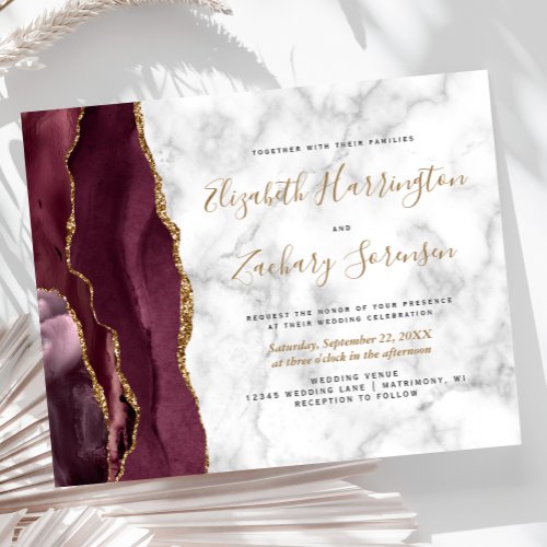 Budget Burgundy Gold Agate Marble Wedding Invite