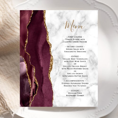 Budget Burgundy Gold Agate Marble Wedding Menu