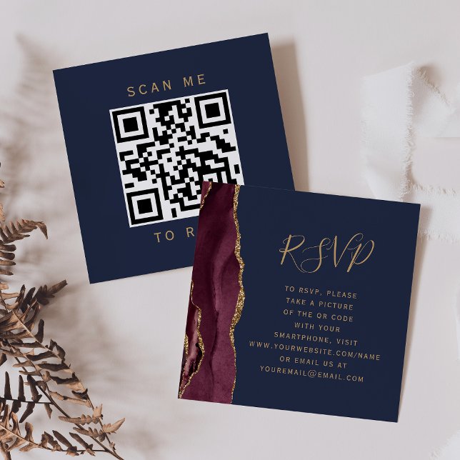Budget Burgundy Gold Agate Navy QR Code RSVP Enclosure Card (Creator Uploaded)