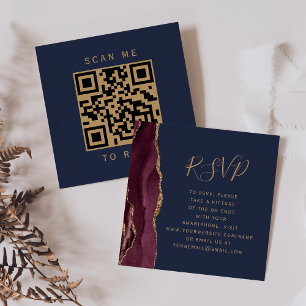 Budget Burgundy Gold Agate Navy QR Code RSVP Enclosure Card