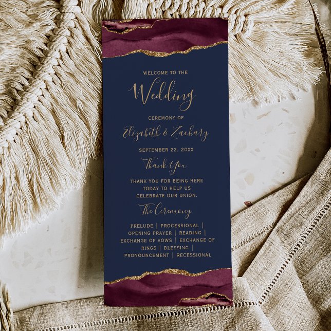 Budget Burgundy Gold Agate Navy Wedding Program (Creator Uploaded)
