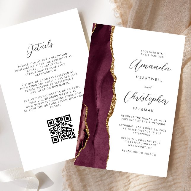 Budget Burgundy Gold Agate QR Code Wedding (Creator Uploaded)