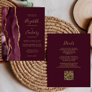 Budget Burgundy Gold Agate QR Code Wedding Invite