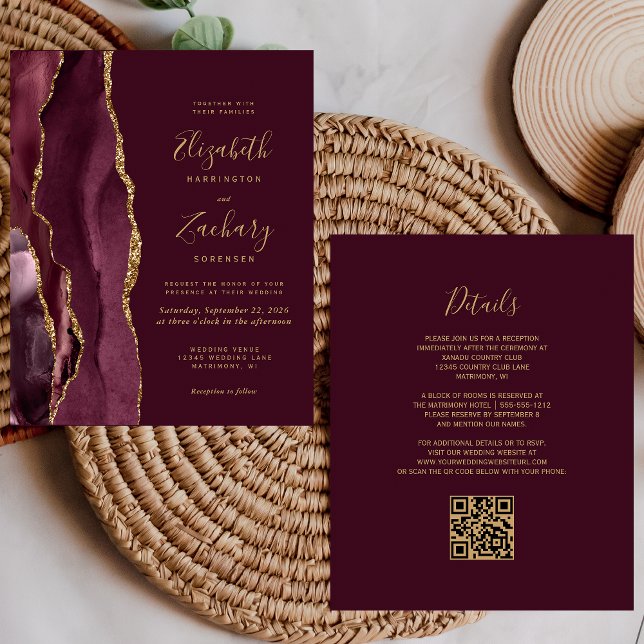 Budget Burgundy Gold Agate QR Code Wedding Invite (Creator Uploaded)