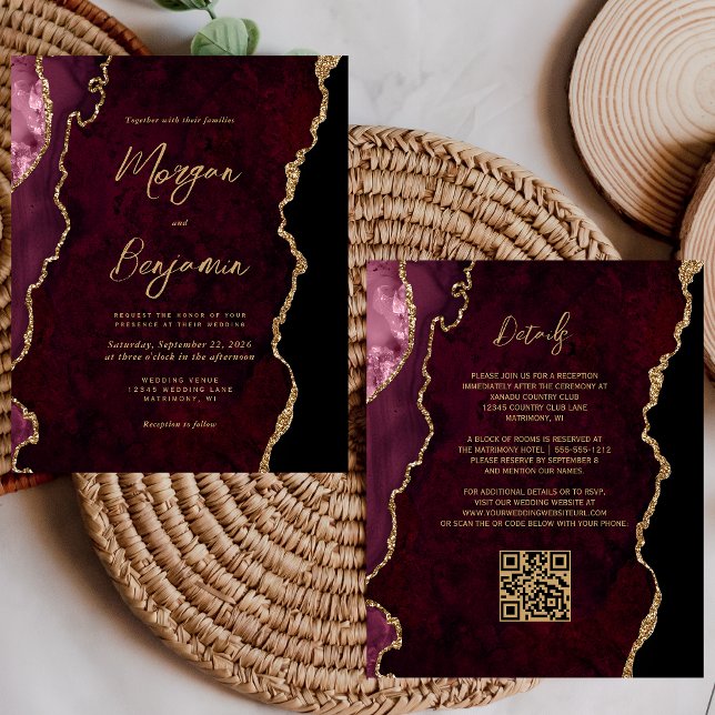 Budget Burgundy Gold Agate QR Code Wedding Invite (Creator Uploaded)