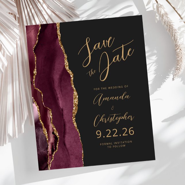 Budget Burgundy Gold Agate Script Save the Date (Creator Uploaded)