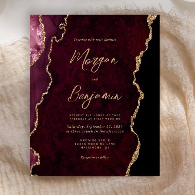Budget Burgundy Gold Agate Script Wedding Invite (Creator Uploaded)