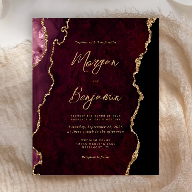 Budget Burgundy Gold Agate Script Wedding Invite (Creator Uploaded)