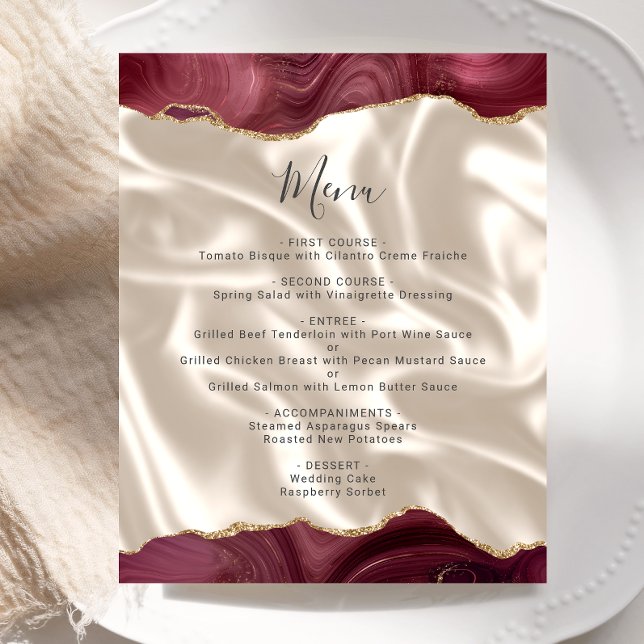 Budget Burgundy Gold Agate Silk Wedding Menu (Creator Uploaded)