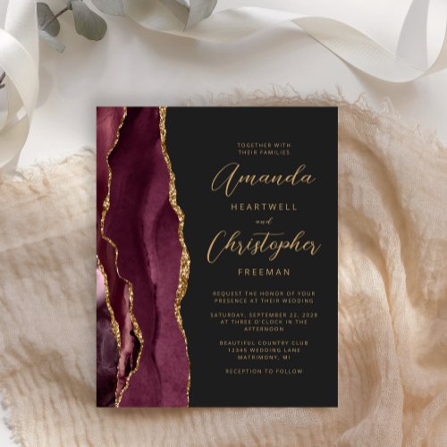 Budget Burgundy Gold Agate Slate Wedding Invite