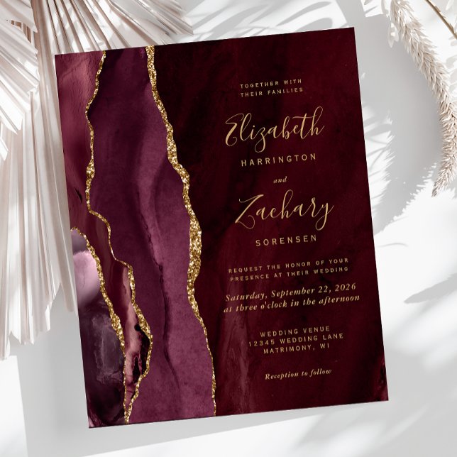 Budget Burgundy Gold Agate Wedding Invitation (Creator Uploaded)