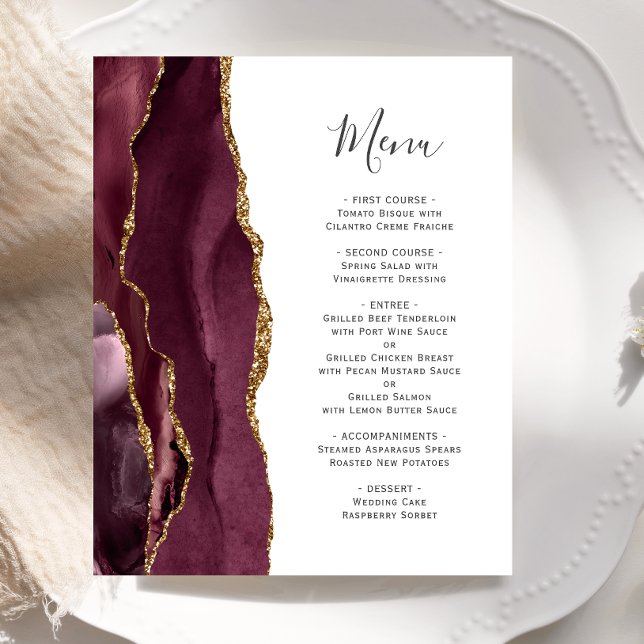 Budget Burgundy Gold Agate Wedding Menu (Creator Uploaded)