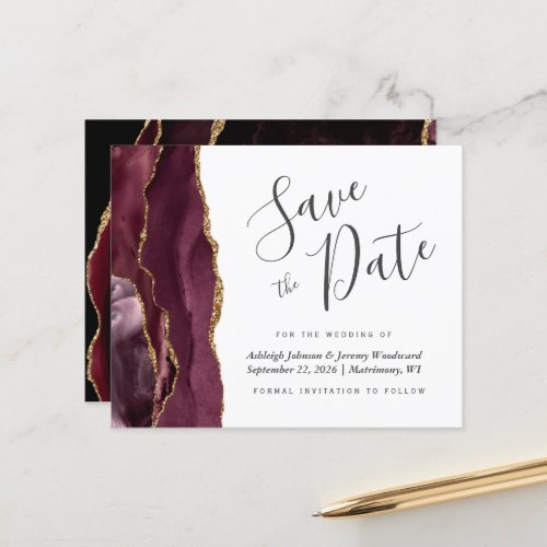 Budget Burgundy Gold Agate Wedding Save the Date