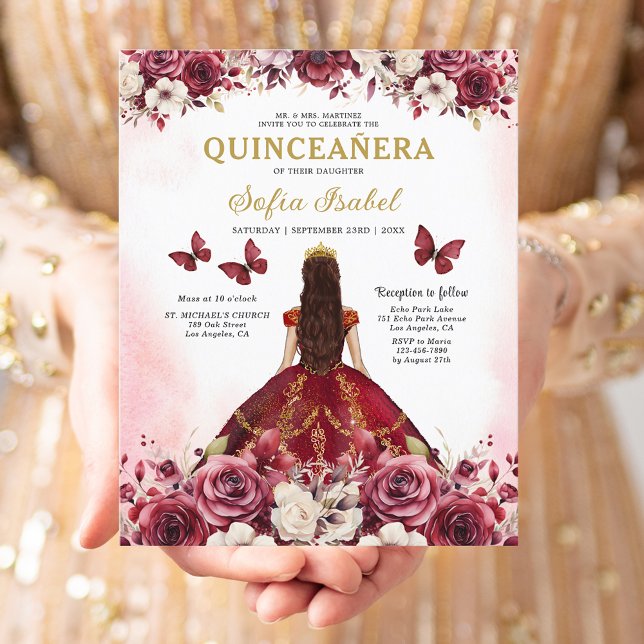 Budget Burgundy Gold Bilingual Spanish Quinceanera Flyer (Creator Uploaded)