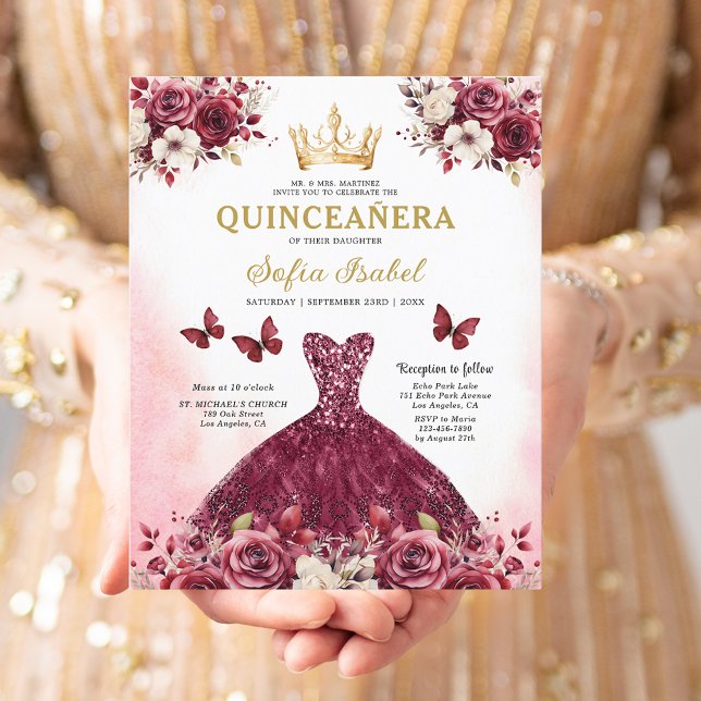 Budget Burgundy Gold Bilingual Spanish Quinceanera Flyer (Creator Uploaded)