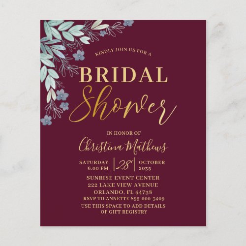 Budget Burgundy  Gold Bridal Shower Invitation