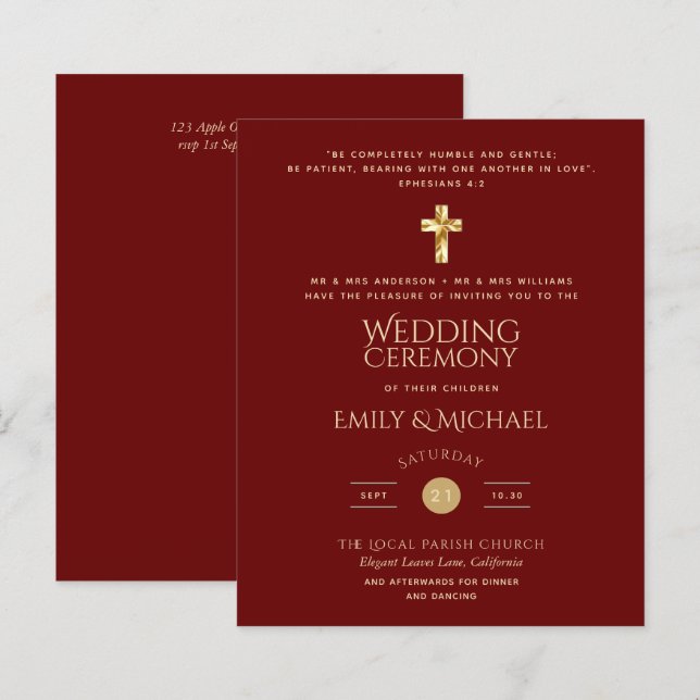 Budget Burgundy Gold Catholic Wedding Invite (Front/Back)