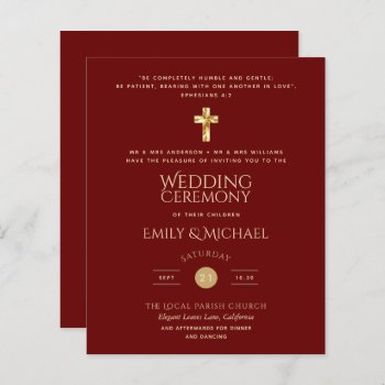 Budget Burgundy Gold Catholic Wedding Invite
