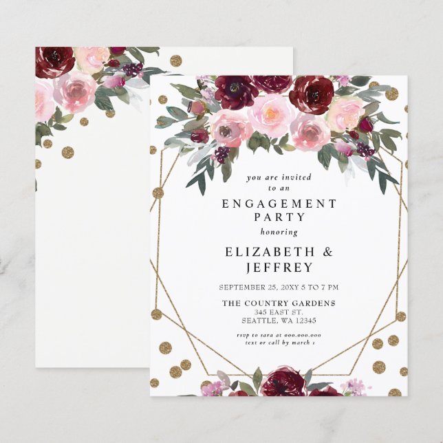 Budget Burgundy Gold Engagement Party Invitation (Front/Back)