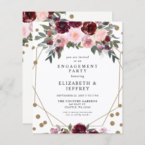 Budget Burgundy Gold Engagement Party Invitation