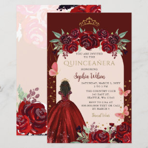 Budget Burgundy Gold Floral Princess Quinceañera 