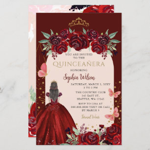 Budget Burgundy Gold Floral Princess Quinceañera