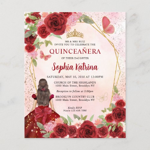 Budget Burgundy Gold Floral Princess Quinceaera