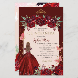 Budget Burgundy Gold Floral Princess Quinceañera
