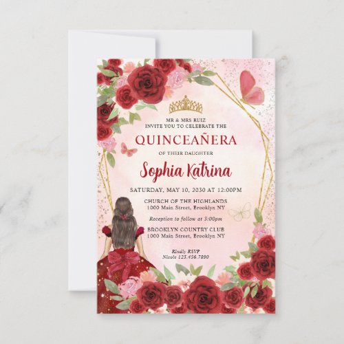 Budget Burgundy Gold Floral Princess Quinceaera Note Card