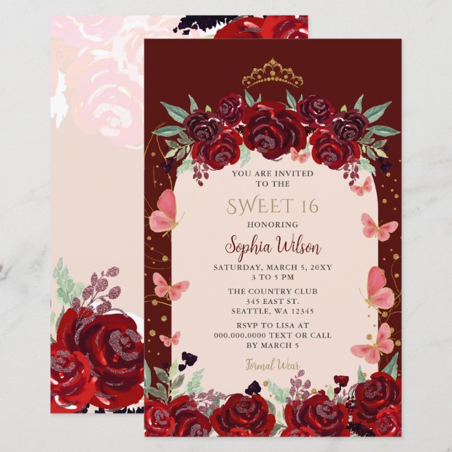 Budget Burgundy Gold Floral Princess Sweet 16 (Front/Back)