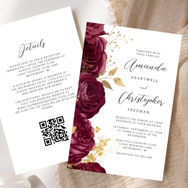 Budget Burgundy Gold Floral QR Code Wedding | Zazzle