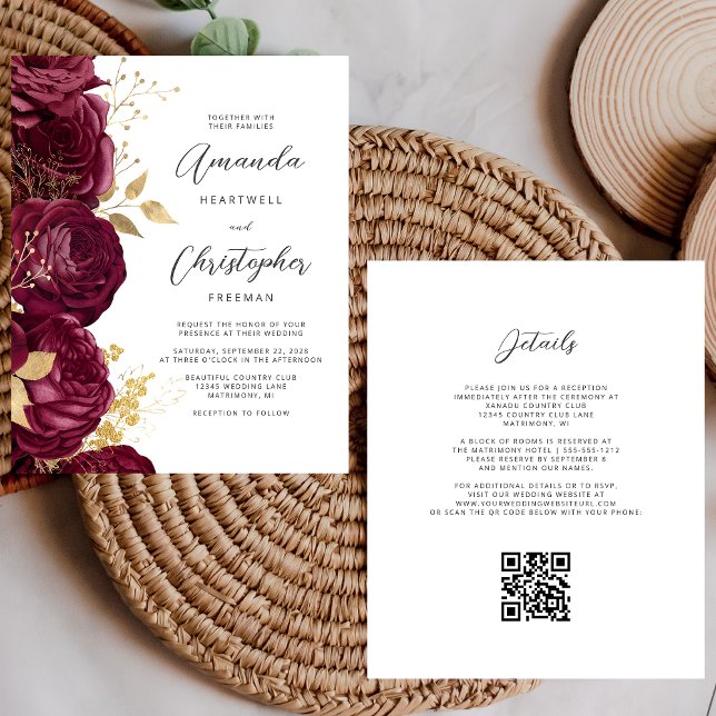 Budget Burgundy Gold Floral QR Code Wedding Invite (Creator Uploaded)