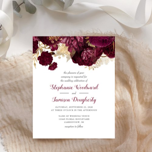 Budget Burgundy Gold Floral Wedding Invitation