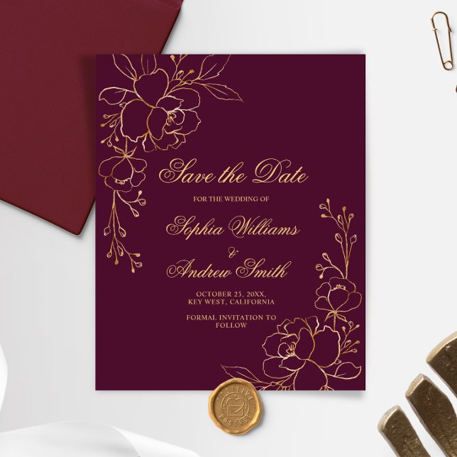 BUDGET Burgundy & Gold Flowers Save The Date Card (Creator Uploaded)