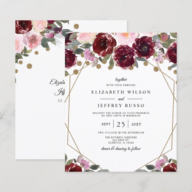 Budget Burgundy Gold Geometric Wedding Invitation (Front/Back)
