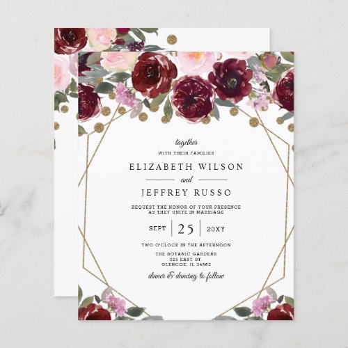 Budget Burgundy Gold Geometric Wedding Invitation