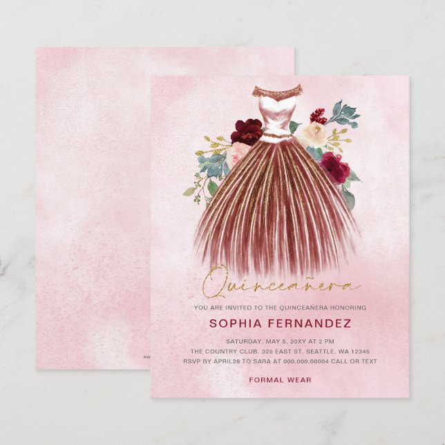 Budget Burgundy gold glitter Dress Quinceañera (Front/Back)