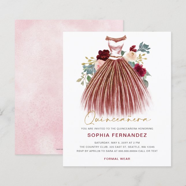 Budget Burgundy gold glitter Dress Quinceañera (Front/Back)