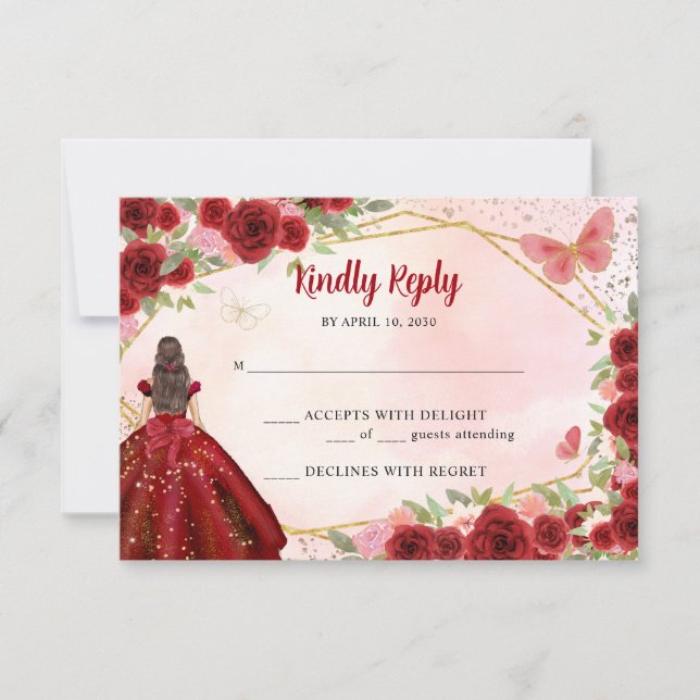 Budget Burgundy Gold Glitter Floral Princess RSVP Note Card (Front)