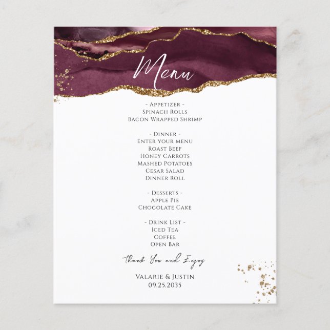 Budget Burgundy Gold Glitter Marble Wedding Menu Flyer (Front)