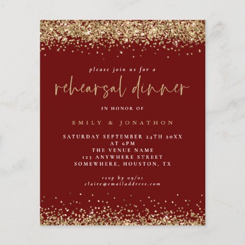 Budget Burgundy Gold Glitter Rehearsal Dinner