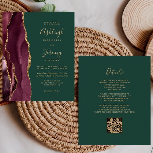 Budget Burgundy Gold Green QR Code Wedding Invite