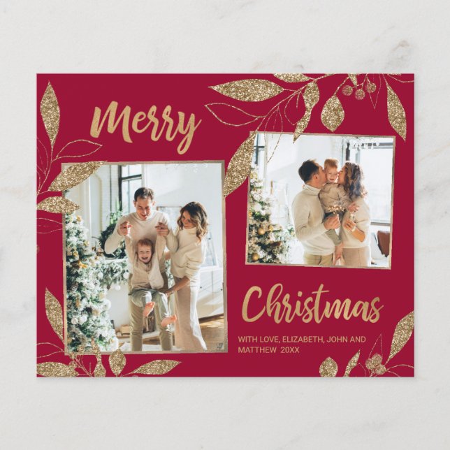 Budget Burgundy Gold Leaves 2 Photo Christmas Card (Front)