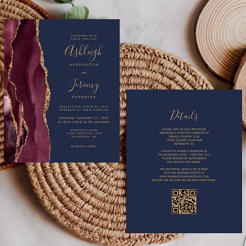 Budget Burgundy Gold Navy QR Code Wedding Invite