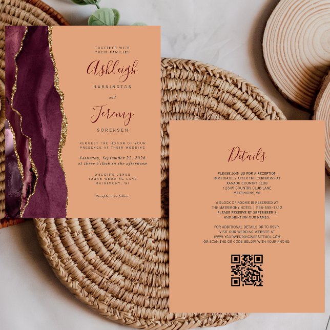 Budget Burgundy Gold Peach QR Code Wedding Invite (Creator Uploaded)