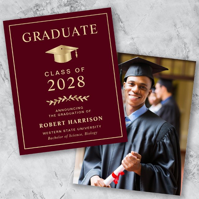 Budget Burgundy Gold Photo Graduation Announcement (Creator Uploaded)